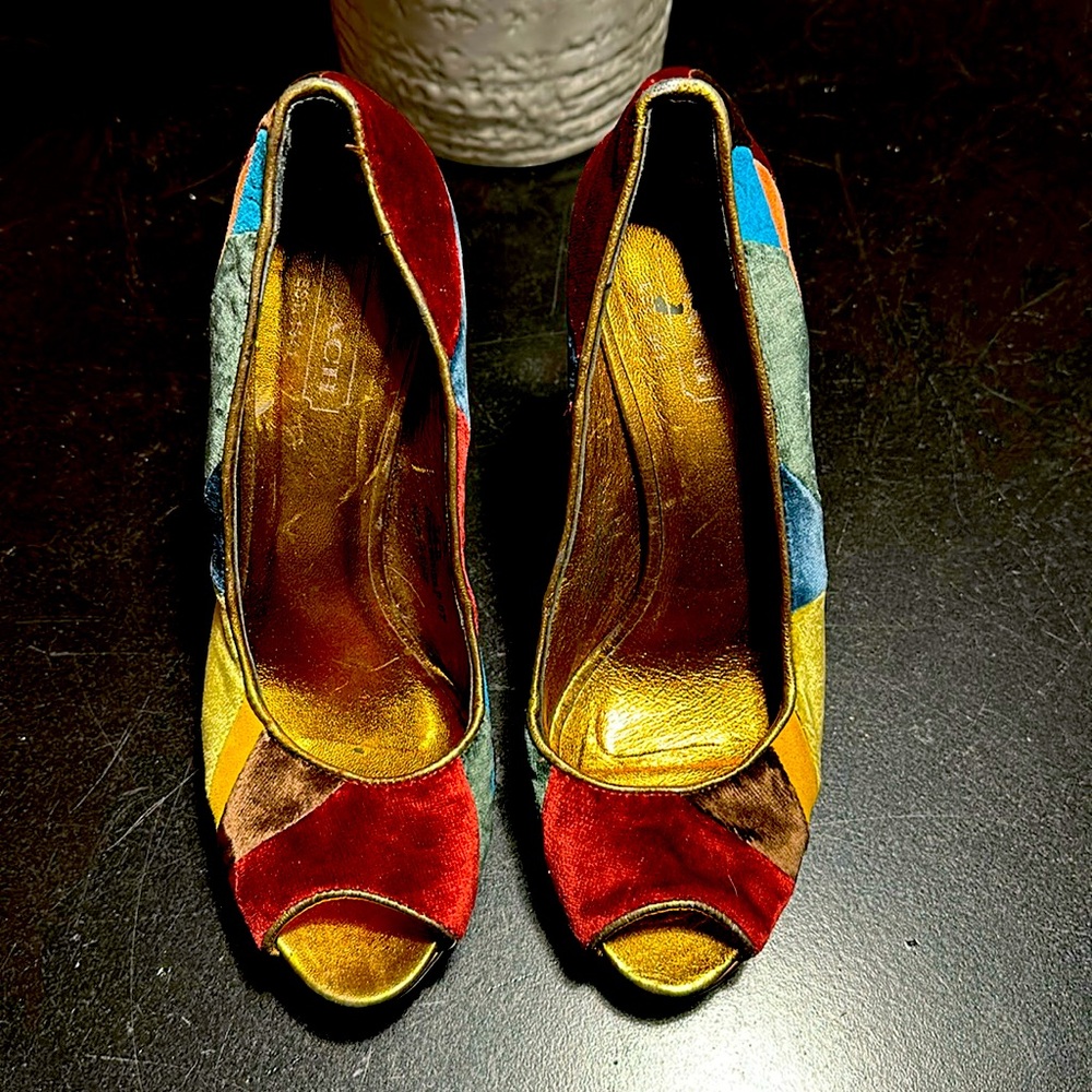 Velvet patch, coach peep toe high heels